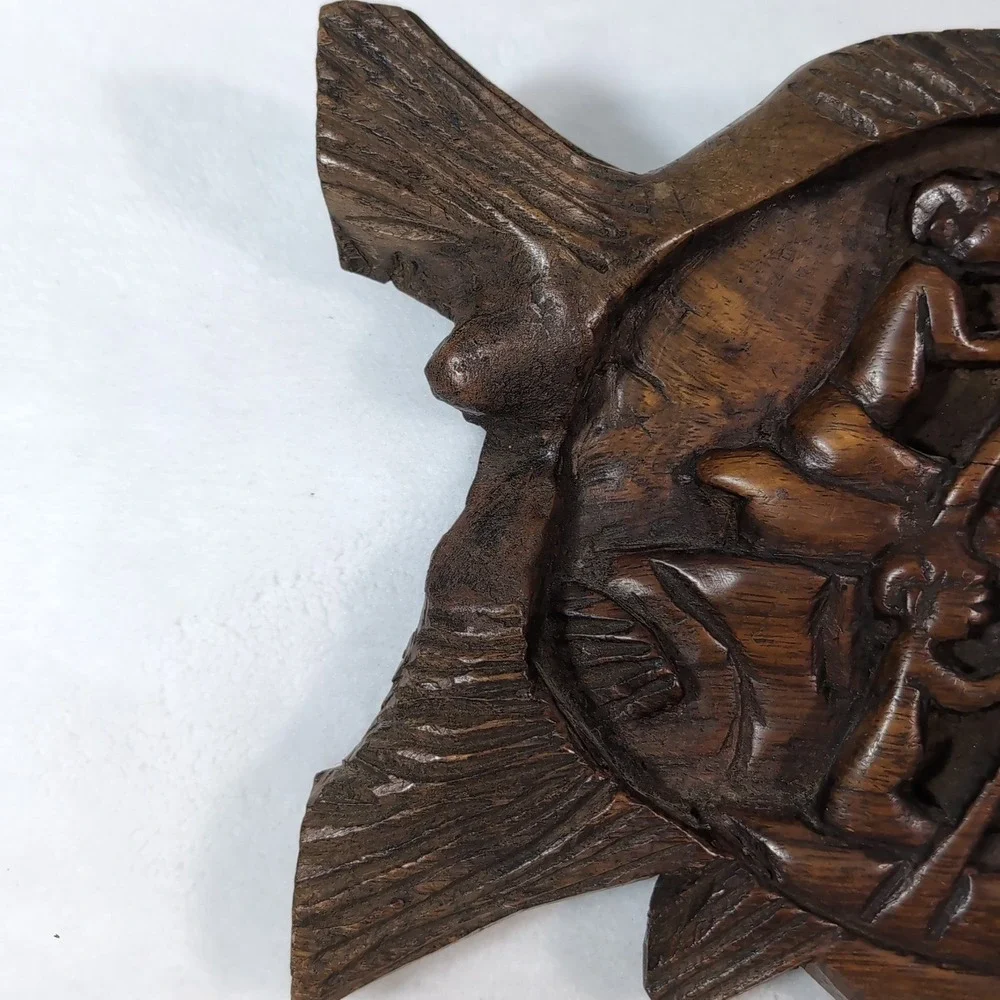 Hand Carved Wood Fishing Scene Wall Art – Primitive Tribal Relief Plaque – Boho